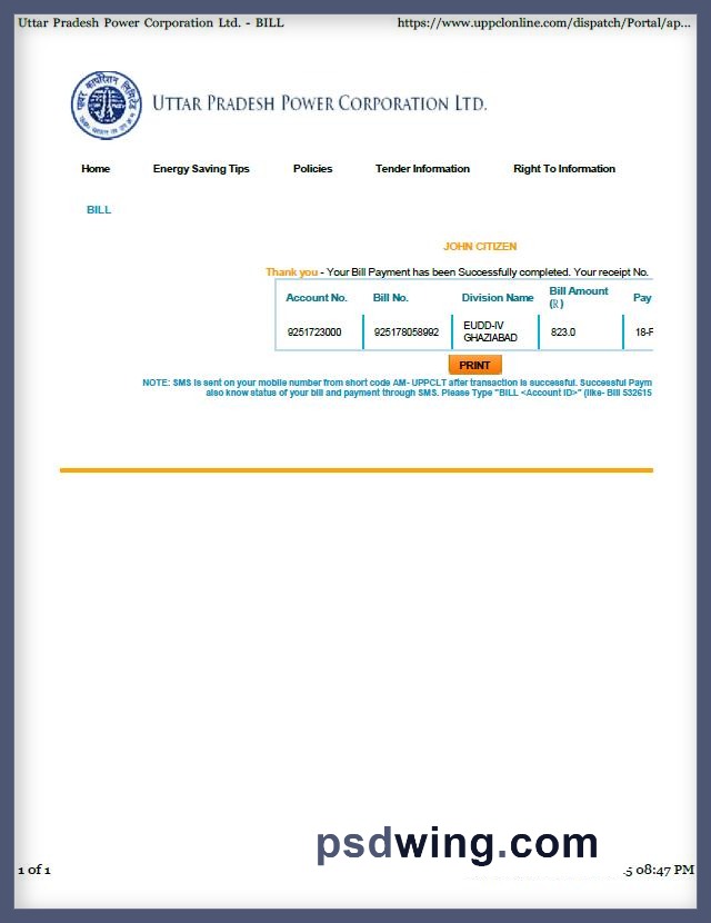 India Uttar Pradesh Power Corporation Limited Utility Bill